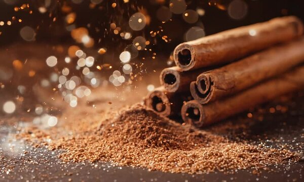 Cinnamon sticks and cinnamon powder on a wooden table 