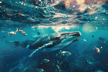 Fototapeta premium Fantastically beautiful majestic huge whale in blue ocean
