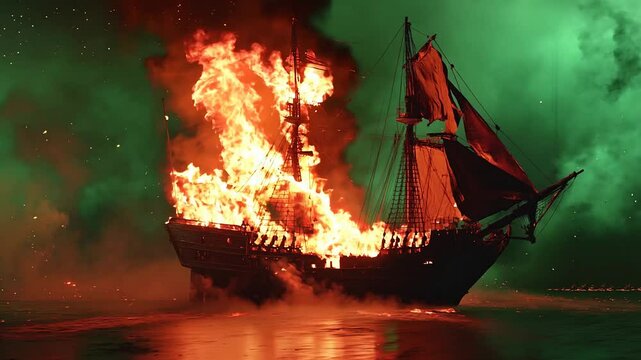 Burning pirate ship in flames, dramatic ocean fire, historical maritime disaster, cinematic scene.