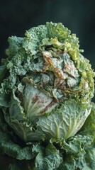 Rotting lettuce head with green leaves.