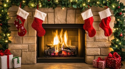 Fototapeta premium A warm Christmas fireplace with stockings hung, pine garlands, and a crackling fire, creating a cozy holiday ambiance.