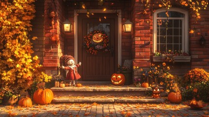 Obraz premium Autumnal Halloween Decor on a Brick House Porch