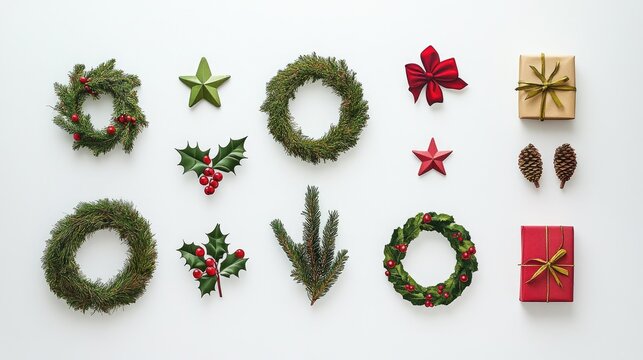 Assorted holiday-themed stickers including wreaths, stars, and gifts, neatly placed on a white background.