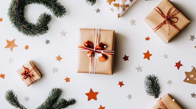 Assorted holiday-themed stickers including wreaths, stars, and gifts, neatly placed on a white background.