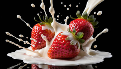Strawberry Falling into Milk Splash on Black Background