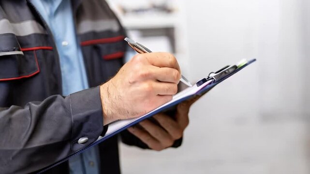 Auto check, car service shop concept. Automobile repairman writing job checklist on clipboard, mechanic checking engine to estimate repair machine, inspecting maintenance by engineer at vehicle garage