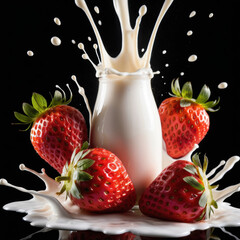 Strawberry with glass of milk Falling into Milk Splash with Strawberries on Black Background