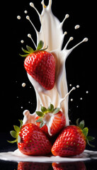 Strawberry Falling into Milk Splash on Black Background