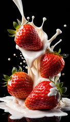 Strawberry Falling into Milk Splash on Black Background