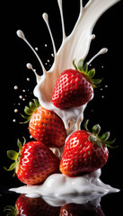 Strawberry Falling into Milk Splash on Black Background