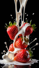 Strawberry Falling into Milk Splash on Black Background