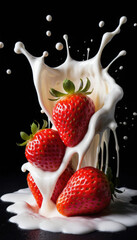 Strawberry Falling into Milk Splash on Black Background