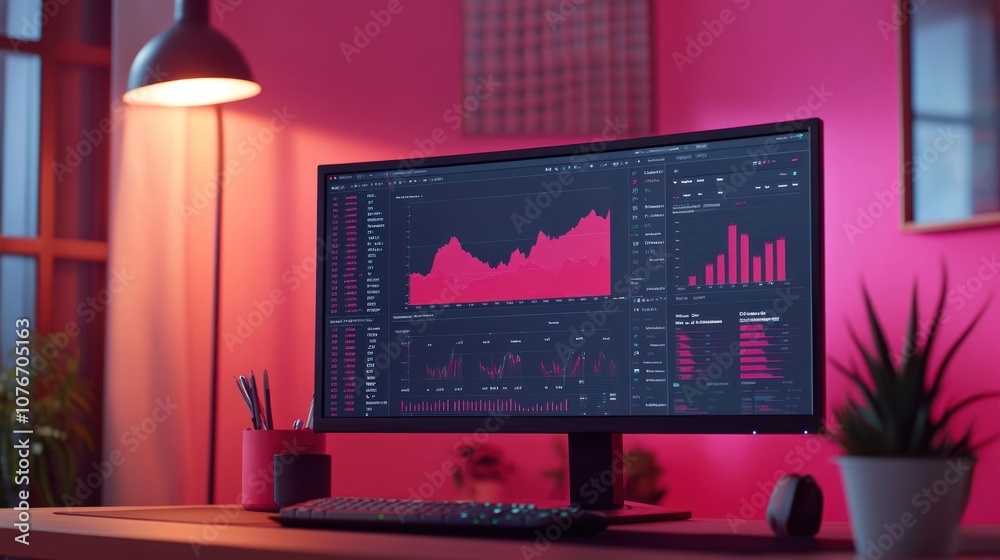 Poster a modern workspace featuring a monitor displaying data analytics in a vibrant environment.