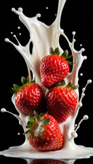 Strawberry Falling into Milk Splash on Black Background