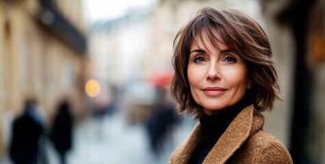portrait of a stylish French woman 40-50 years old with a bob haircut, background on the street in the city. beautiful woman 40 years old, copy space