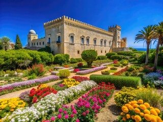 Fototapeta premium Scenic View of Donnafugata Castle Surrounded by Lush Garden Landscape