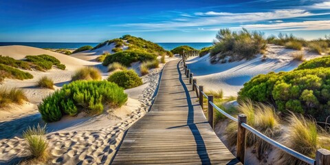 Naklejka premium Scenic Walkway Over Sand Dunes with Lush Vegetation and Copy Space for Nature Photography