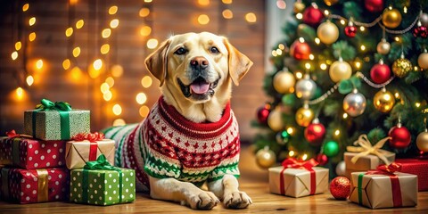 Fototapeta premium Cute Labrador in Christmas Sweater with Holiday Gifts Under Decorated Tree