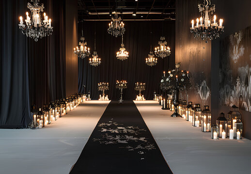 Fototapeta Black and white wedding ceremony decor with chandeliers, floral arrangements, candles, a long black carpet on the floor, a large hall, a modern style, and a night atmosphere.