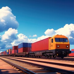 Obraz premium Freight train traveling through scenic landscape.