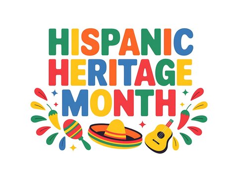 Colorful Text Illustration of Hispanic Heritage Month with Sombrero, Maracas, and Guitar