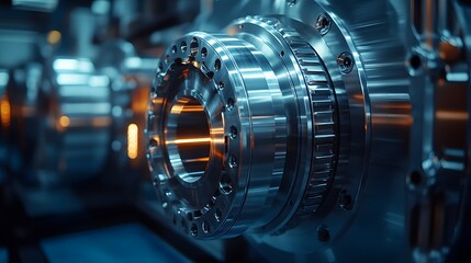Fototapeta premium Detailed industrial photography of precision engineering parts, featuring metallic CNC components and chrome steel machinery against blue-tinted background.
