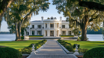 Lowcountry South Carolina plantation house with ancient live oaks and riverfront views, classic southern estate with wrap-around verandas