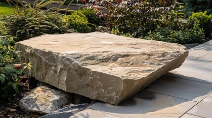 flat stone podium on a rock platform serves as a stylish showcase against a backdrop of verdant forest scenery