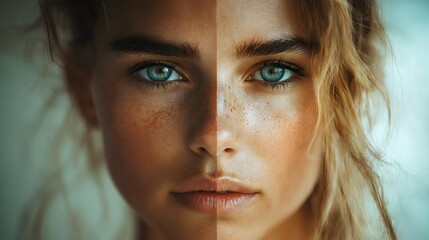 Fototapeta premium A woman's face is shown in two different shades of blue