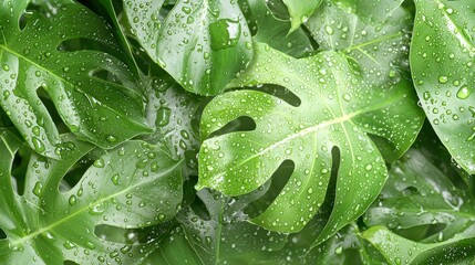 Obraz premium Lush Green Monstera Leaves with Water Droplets Creating a Vibrant and Fresh Atmosphere Ideal for Nature and Plant Enthusiasts