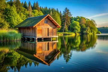 Serene Boathouse on a Tranquil Lake Shoreline in Architectural Photography
