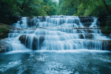 Obraz premium Waterfall cascading over rocks in a lush green forest setting