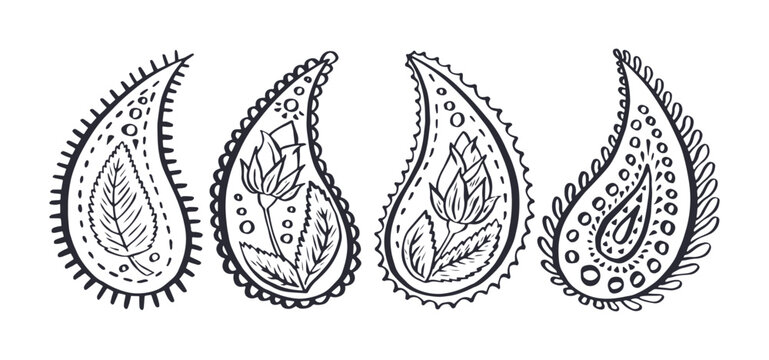 Set of black and white paisley motifs isolated on white background. Indian style monochrome design elements