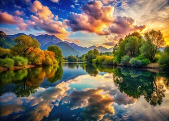 Serene Double Exposure of Calming River View and Tranquil Nature Elements