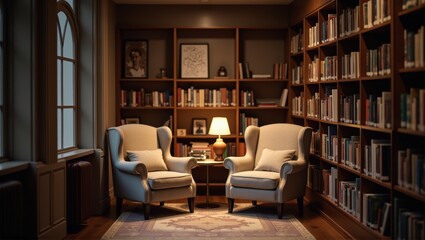 Cozy home library with two armchairs, lamp, table, bookshelves, warm lighting, inviting atmosphere. Generative, AI.