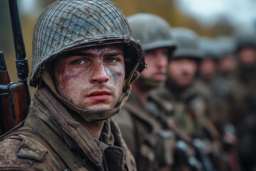 Fototapeta premium Soldiers in vintage uniforms train for battle