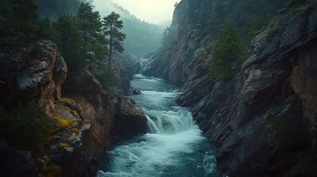 A Misty Mountain Gorge with a Rushing River