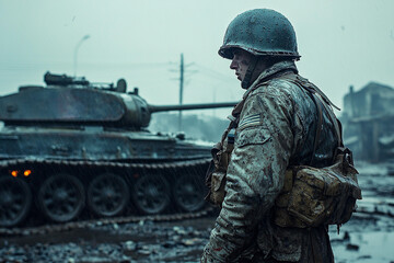 Fototapeta premium Soldier in rain-soaked uniform stands near tank in war-torn city