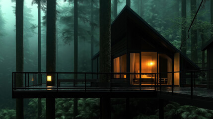 Modern cabin with glowing interior lights set in a dense misty forest. Elevated structure surrounded by tall trees and lush greenery on a tranquil evening.