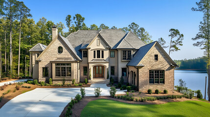 Michigan Tudor lakefront estate with English gardens and forest backdrop, Grand Rapids luxury home with private beach access