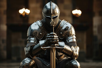 A fantastic royal knight in armor guards the castle chambers