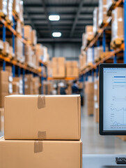 Close-Up of Warehouse Inventory Management Software Displaying Stock Levels and Analysis Graphs Amidst Rows of Storage Boxes in a Modern Warehouse Setting