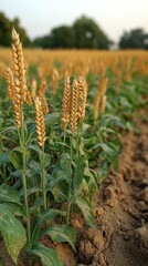 Fototapeta premium Wheat field with golden spikes.