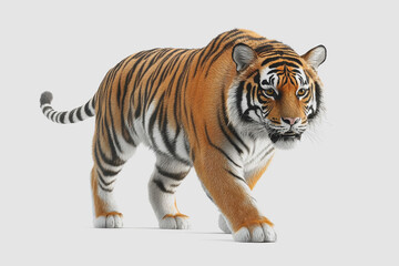 Obraz premium Realistic of a Majestic Tiger Walking on a White Background, Featuring Striking Colors and Detailed Fur Texture in Representation