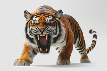 Obraz premium Realistic of a Fierce Tiger Tiger Roaring with Bared Teeth Isolated on a Clean White Background for Wildlife and Animal-Themed Projects