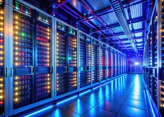 Fototapeta premium Data Center Server Room with Rows of High-Tech Servers and Advanced Technology Infrastructure