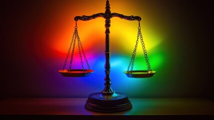 A balanced scale illuminated by colorful lights, symbolizing justice and fairness.