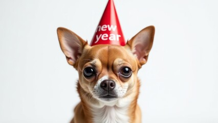 Chihuahua puppy with a red New Year hat. Holiday concept.