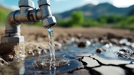 A vivid image of a silver tap expelling water on a cracked, arid landscape, conveying themes of survival and renewal in harsh climates through fluidity and contrast.