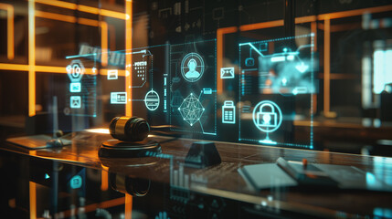 Augmented reality display in a modern office visualizing AI legal regulations, with floating icons for data privacy, security shields, and ethical standards surrounding a holographic gavel.